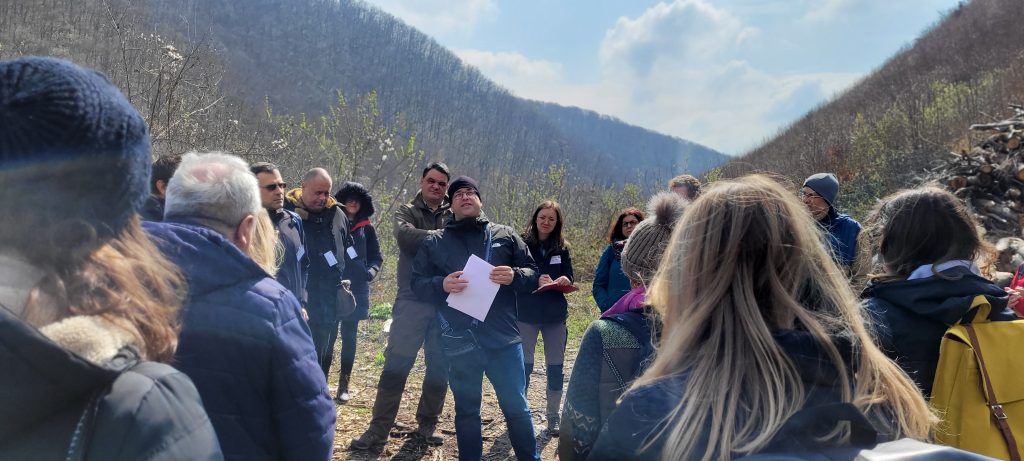 A group of participants listens to the explanations of a forest manager in a Natura 2000 area within a forest near Zagreb.